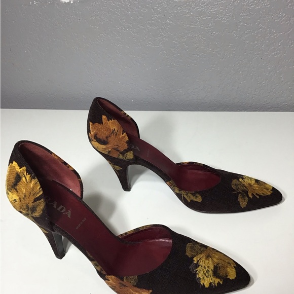 VTG PRADA Women’s Corduroy Floral Print Heels Size 37 Made In Italy - Picture 5 of 14